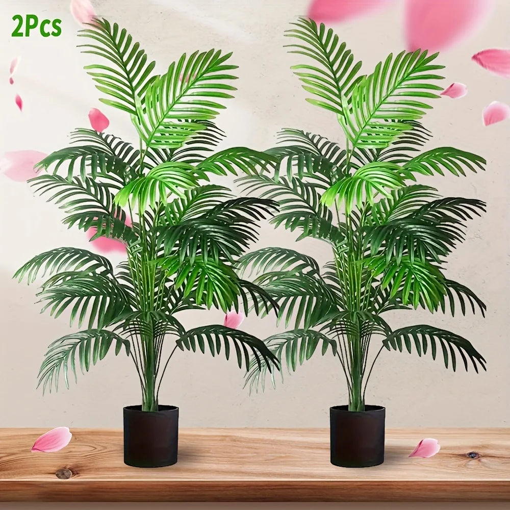 Künstliche tropische Palmenpflanze, 89 cm hoch, 2er-Set, für drinnen und draußen, grüne Blätter, Dekoration für Wohnzimmer, Eingangsbereich oder Zimmerecken, pflegeleicht, kein Gießen erforderlich | Thomler