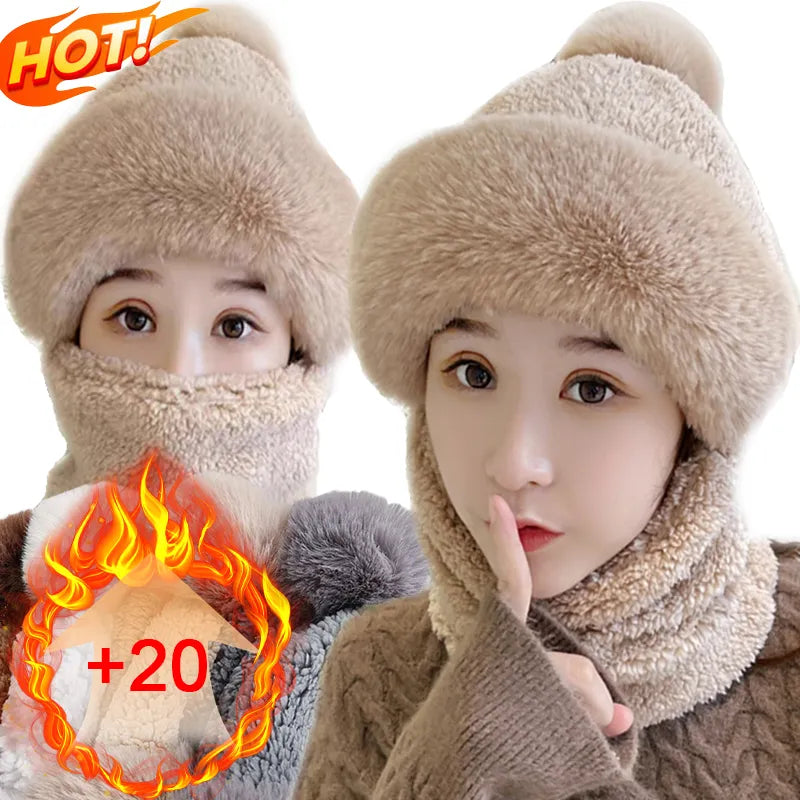 Plush Hooded Scarf Combo Winter Beanie & Neck Warmer Fleece Wrap for Women Cold Weather Outdoor Fashion