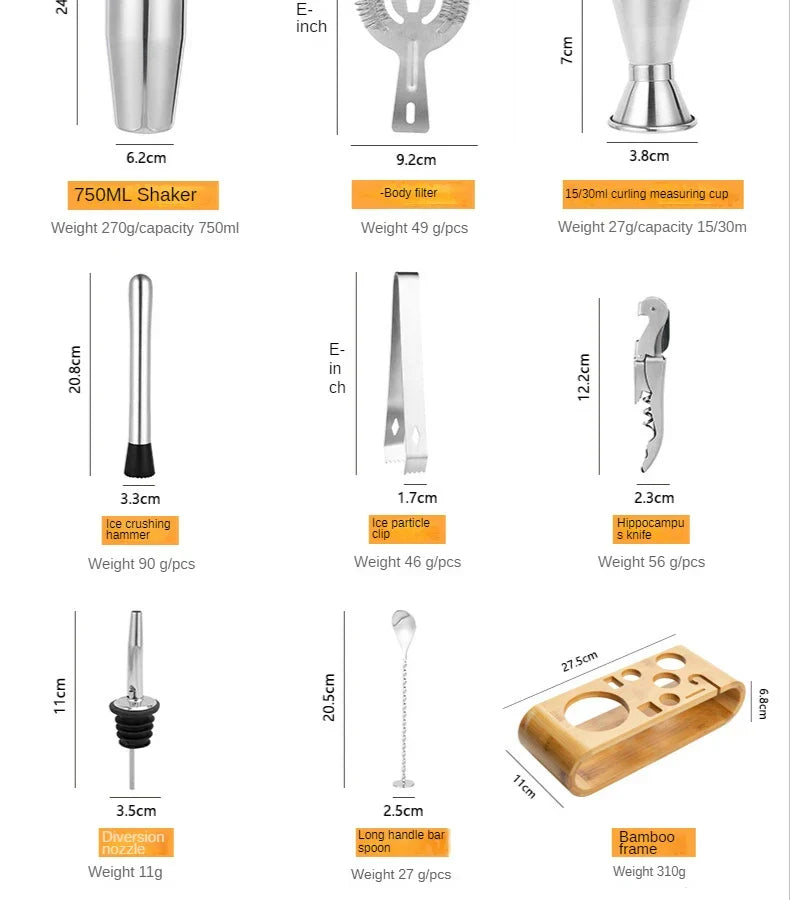 Stainless Steel Cocktail Shaker Tool Kit 10-Piece Complete Mixology Essentials Rose Gold Silver Black for Home Bar Entertaining Party Barten | Thomler