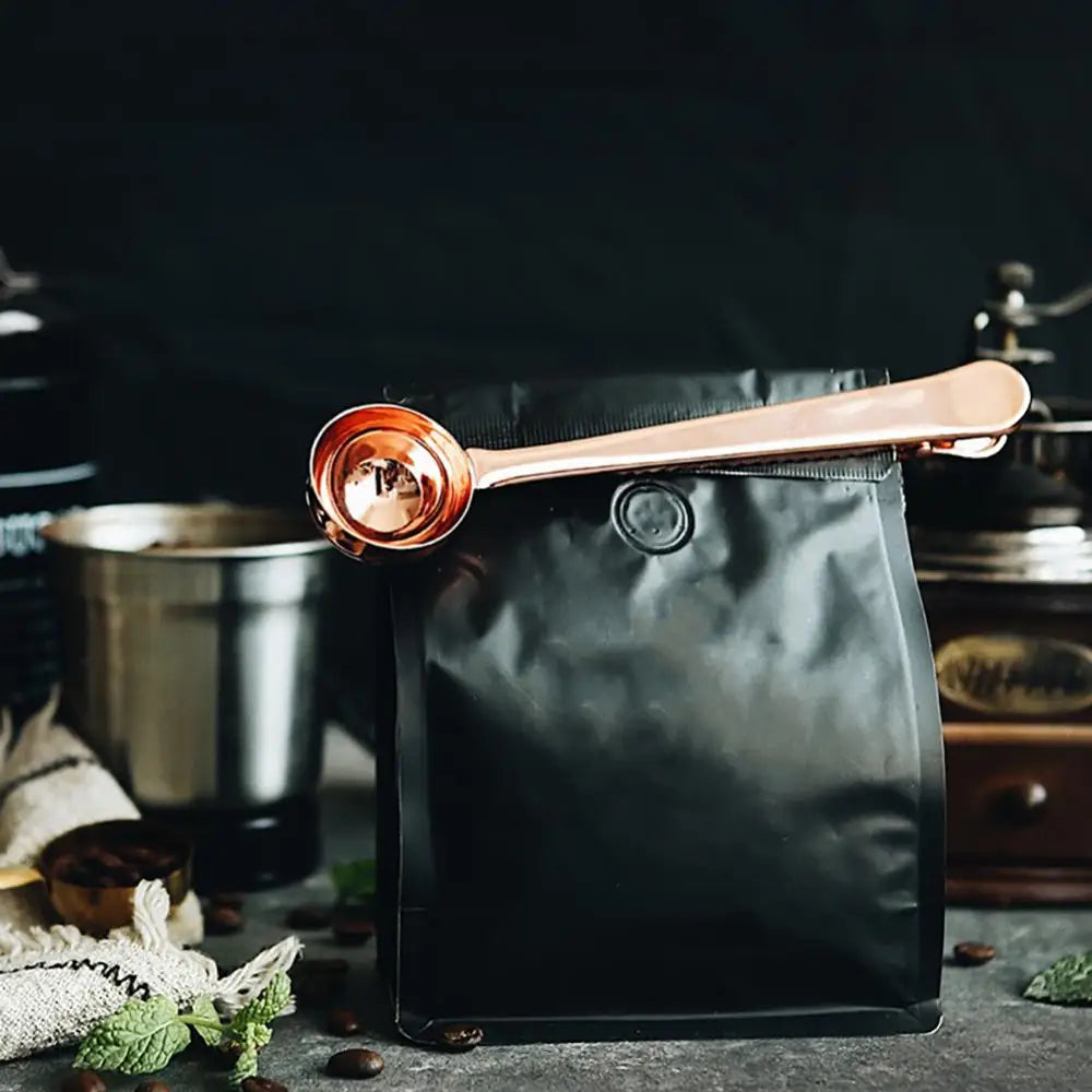Edelstahl-Beutelverschluss mit Messlöffel, 7 Zoll, Doppelfunktions-Clip für Kaffee, Tee, Aufbewahrung, Küchenorganisation, Silber, Gold, Schwarz, Roségold | Thomler