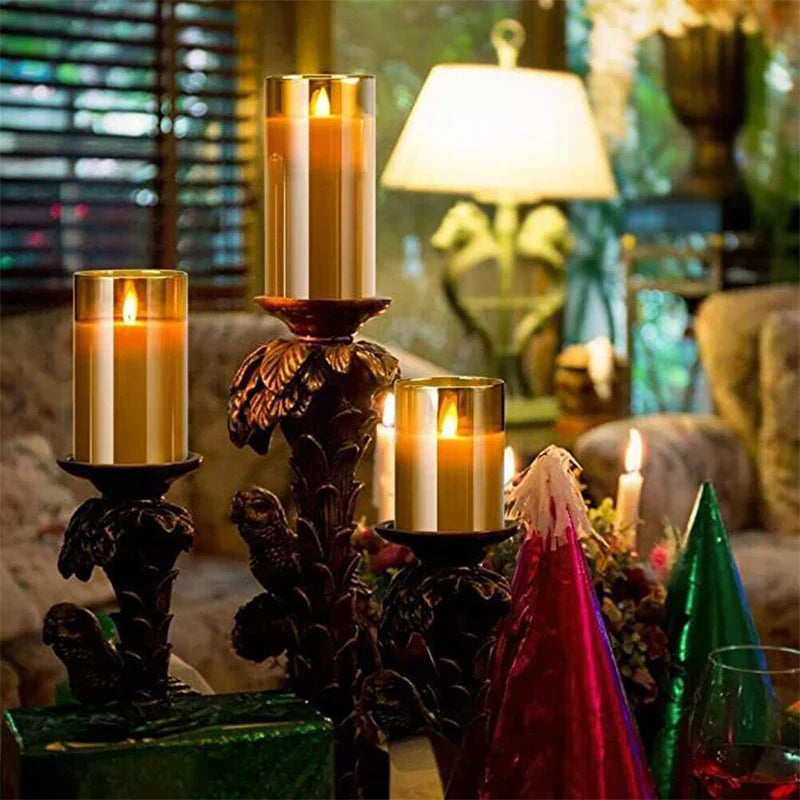 Battery-Operated LED Pillar Candles with Remote Control Timer Set of 3 Realistic Flickering Light Amber Smoke Clear Glass for Dining Room Be | Thomler