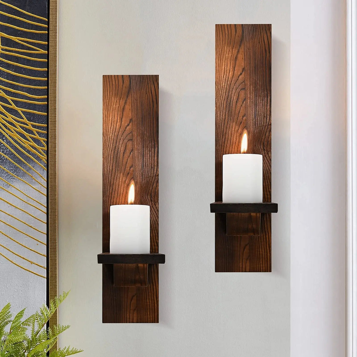 Handgefertigtes Wandleuchter-Paar aus Holz für stimmungsvolles Kerzenlicht – 38 cm vertikale Wandmontage für Wohnzimmer, Schlafzimmer, Terrassen & Eingangsbereiche | Thomler