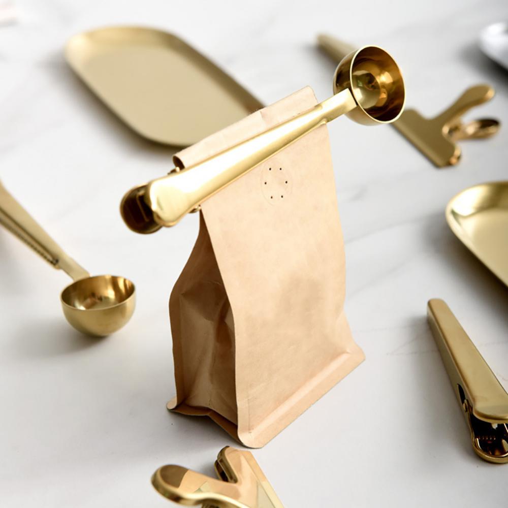 Edelstahl-Beutelverschluss mit Messlöffel, 7 Zoll, Doppelfunktions-Clip für Kaffee, Tee, Aufbewahrung, Küchenorganisation, Silber, Gold, Schwarz, Roségold | Thomler