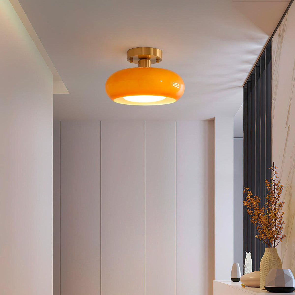 Flush Mount Dome Light Fixture 11 in Wide Gold Metal & Tri-Color Glass for Bathroom Kitchen Hallway Covered Porch E26 Base Vintage Inspired | Thomler