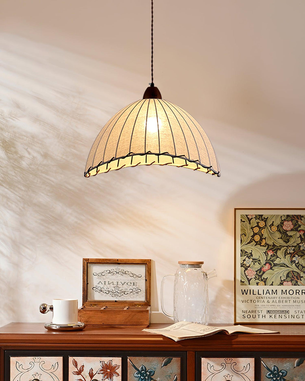 Stoffen koepelplafondlamp wit 14 inch geribbelde schulprand hanglamp voor eetkamer slaapkamer verstelbare hoogte vintage modern E26 fitting | Thomler