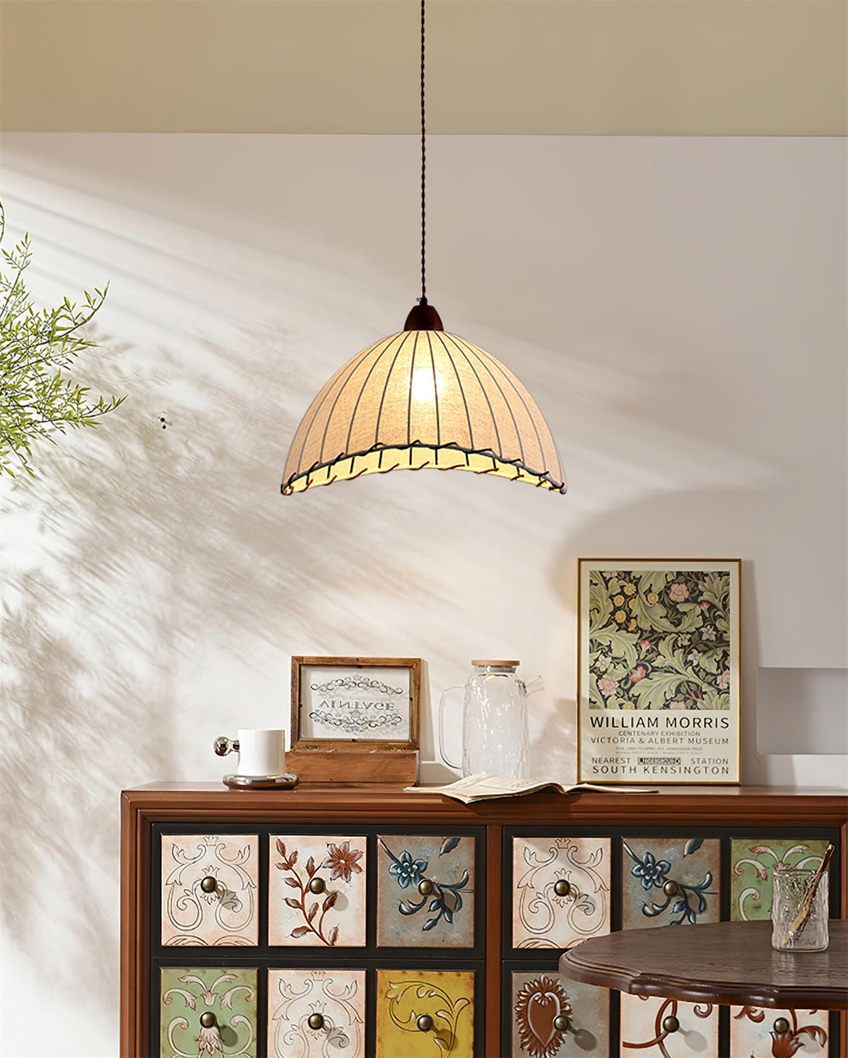 Stoffen koepelplafondlamp wit 14 inch geribbelde schulprand hanglamp voor eetkamer slaapkamer verstelbare hoogte vintage modern E26 fitting | Thomler