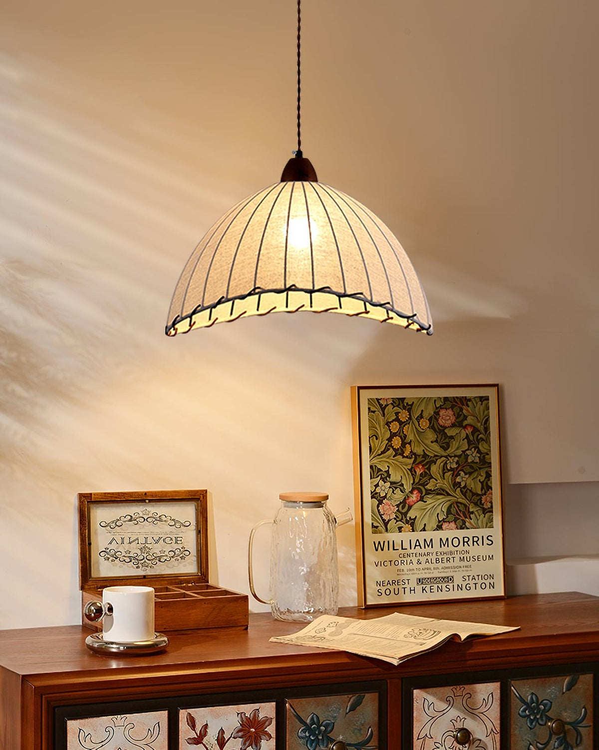 Stoffen koepelplafondlamp wit 14 inch geribbelde schulprand hanglamp voor eetkamer slaapkamer verstelbare hoogte vintage modern E26 fitting | Thomler