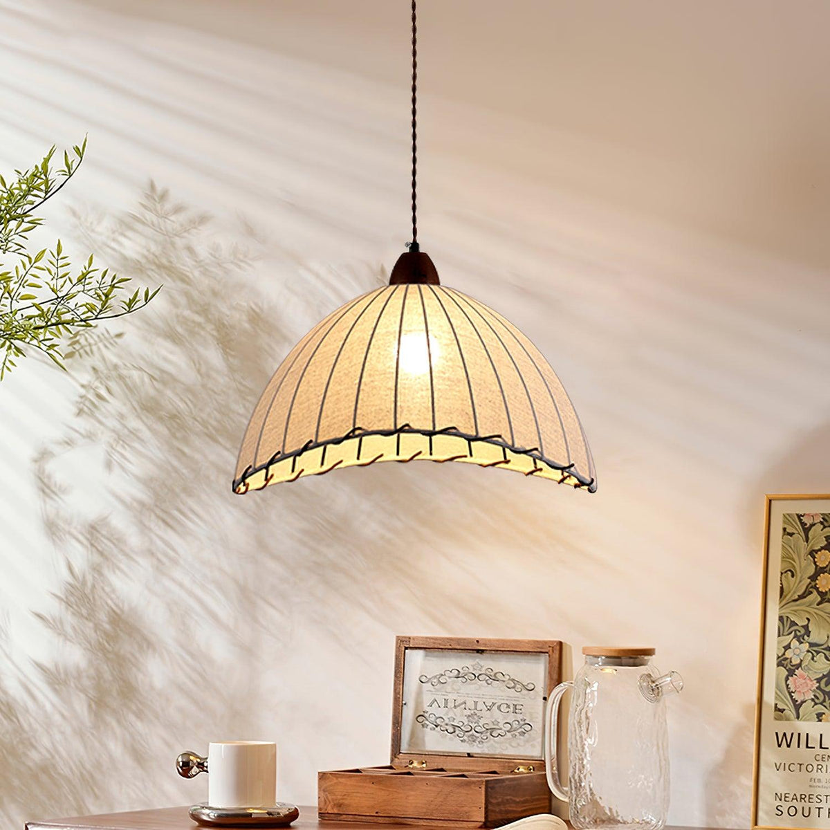 Stoffen koepelplafondlamp wit 14 inch geribbelde schulprand hanglamp voor eetkamer slaapkamer verstelbare hoogte vintage modern E26 fitting | Thomler