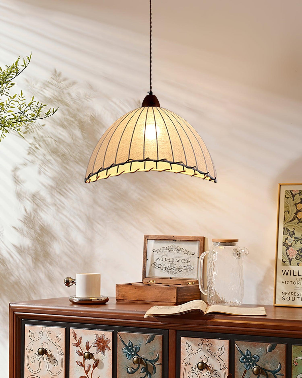 Stoffen koepelplafondlamp wit 14 inch geribbelde schulprand hanglamp voor eetkamer slaapkamer verstelbare hoogte vintage modern E26 fitting | Thomler