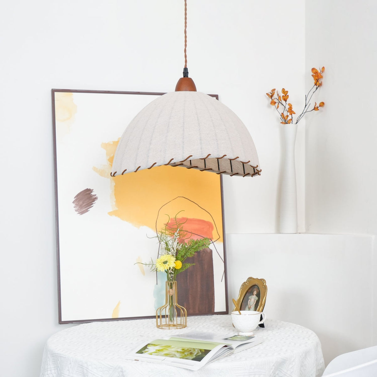 Stoffen koepelplafondlamp wit 14 inch geribbelde schulprand hanglamp voor eetkamer slaapkamer verstelbare hoogte vintage modern E26 fitting | Thomler