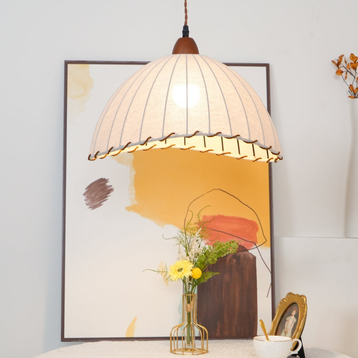 Stoffen koepelplafondlamp wit 14 inch geribbelde schulprand hanglamp voor eetkamer slaapkamer verstelbare hoogte vintage modern E26 fitting | Thomler