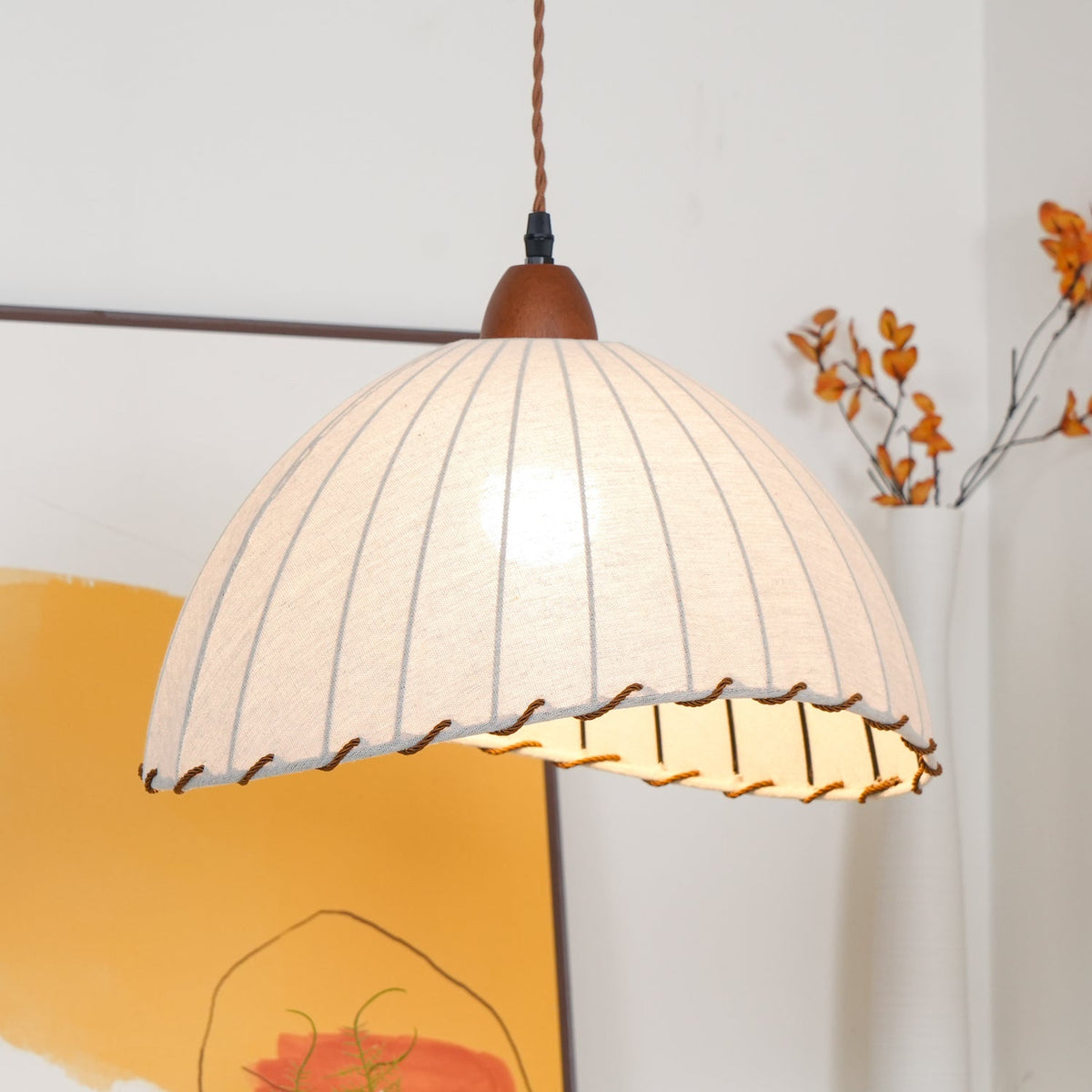 Stoffen koepelplafondlamp wit 14 inch geribbelde schulprand hanglamp voor eetkamer slaapkamer verstelbare hoogte vintage modern E26 fitting | Thomler