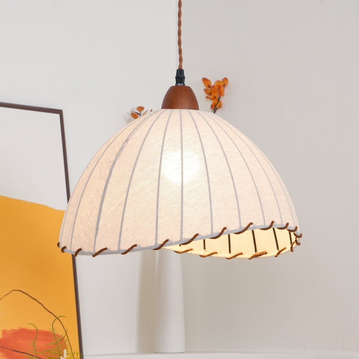 Stoffen koepelplafondlamp wit 14 inch geribbelde schulprand hanglamp voor eetkamer slaapkamer verstelbare hoogte vintage modern E26 fitting | Thomler