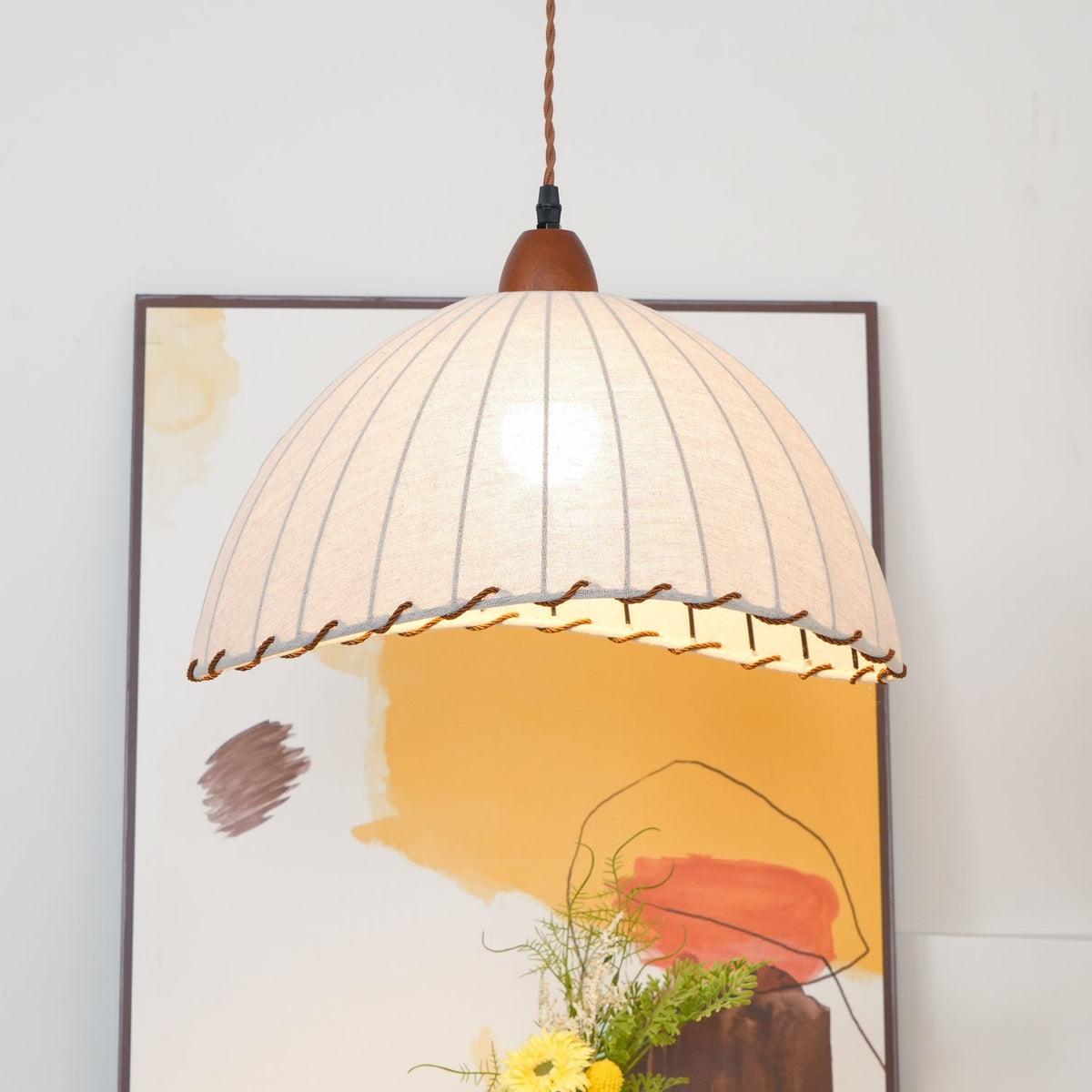 Stoffen koepelplafondlamp wit 14 inch geribbelde schulprand hanglamp voor eetkamer slaapkamer verstelbare hoogte vintage modern E26 fitting | Thomler