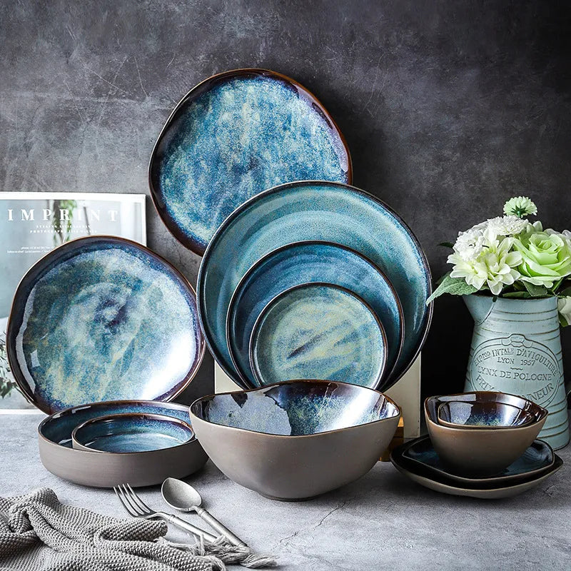 Porcelain Dinnerware Set 11-Piece Aqua Blue Plates Bowls Service for 4 Complete Kitchen Tableware Family Dining Entertaining Microwave Dishw | Thomler