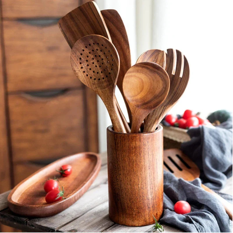 8-Piece Wooden Kitchen Tool Set Natural Wood Spatulas Spoons Ladle with Holder 12 Inch Tools for Home Cooking | Thomler
