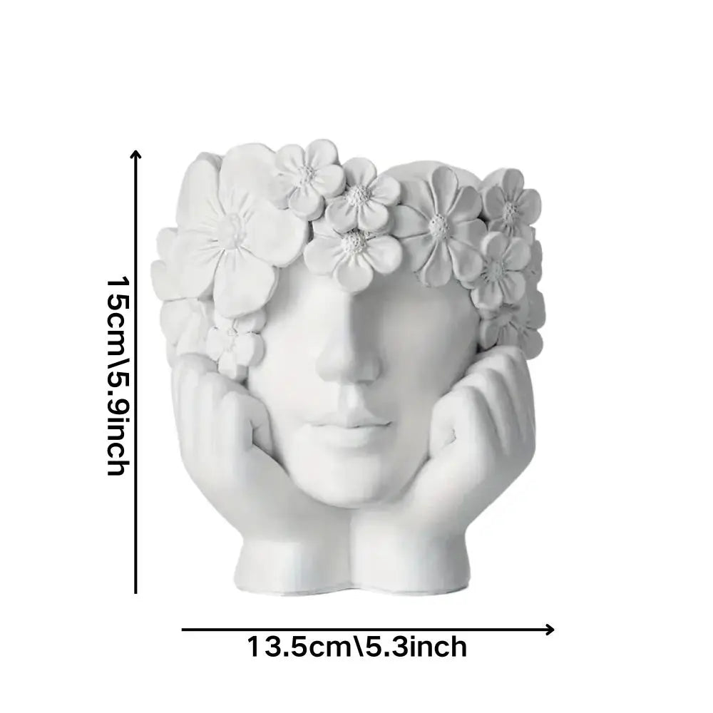 Skulpturaler Gesicht-Pflanztopf mit botanischer Krone – Weißer Harz-Pflanzbehälter für Sukkulenten & Kräuter – 15 cm (6 Zoll) dekorativer Topf für drinnen & draußen | Thomler
