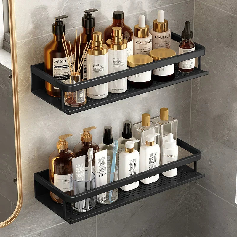Wall-Mount Aluminum Bathroom Caddy – Black Storage Ledge for Soap, Shampoo & Toiletries – Space-Saving Organizer for Shower & Kitchen | Thomler