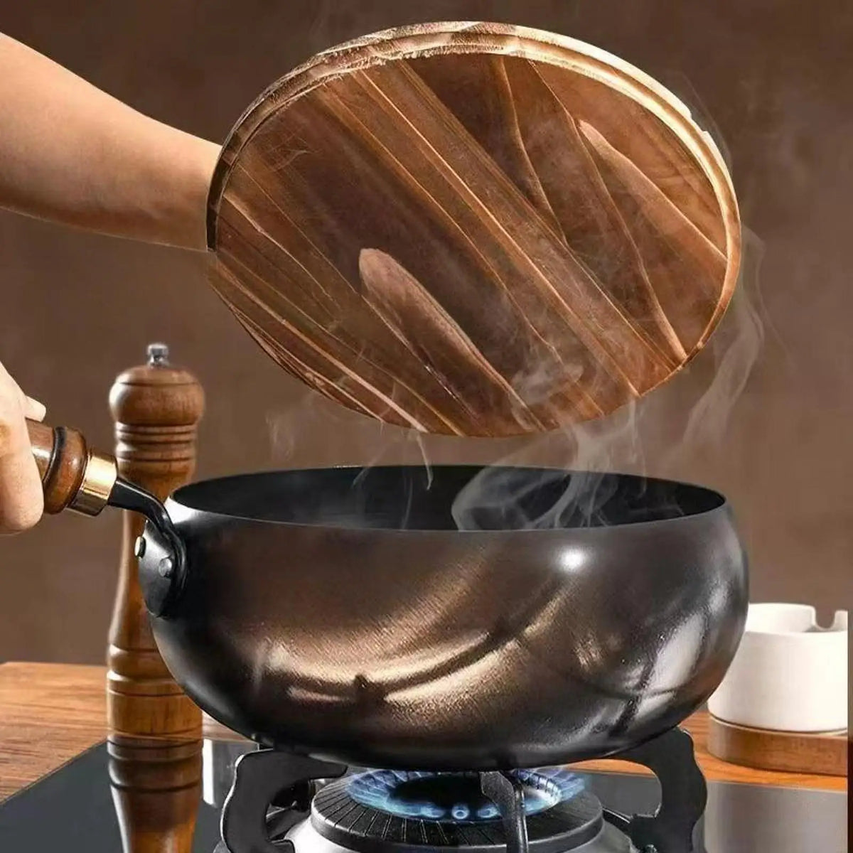 12-Inch Cast-Iron Round-Bottom Skillet with Wood Handle and Lid for Induction Gas Electric Stovetops | Thomler