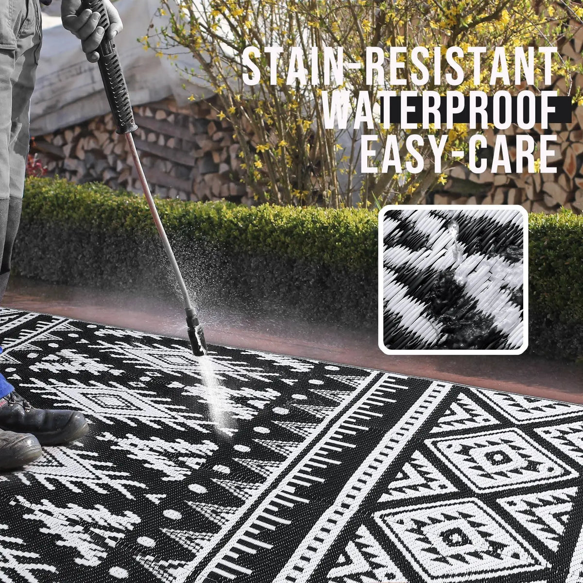 Woven Reversible Patio Mat with Braided Plastic Construction for Decks, Balconies & Camping | Weather-Resistant Geometric Floor Covering | Thomler