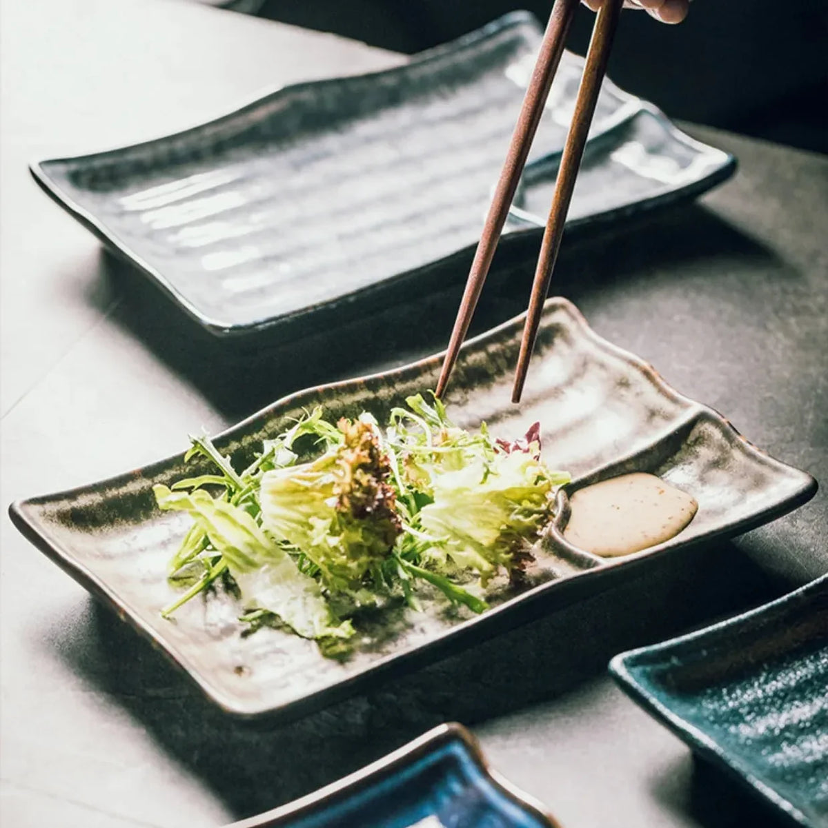 Handcrafted Rectangular Dish with Sauce Well 9×5 Inches White Glazed Dinnerware for Sushi Nigiri Sashimi Japanese Appetizers Tableware | Thomler