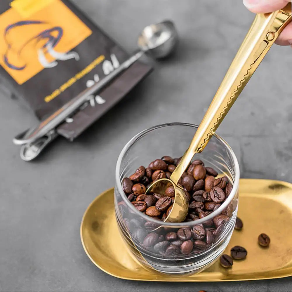 Edelstahl-Beutelverschluss mit Messlöffel, 7 Zoll, Doppelfunktions-Clip für Kaffee, Tee, Aufbewahrung, Küchenorganisation, Silber, Gold, Schwarz, Roségold | Thomler