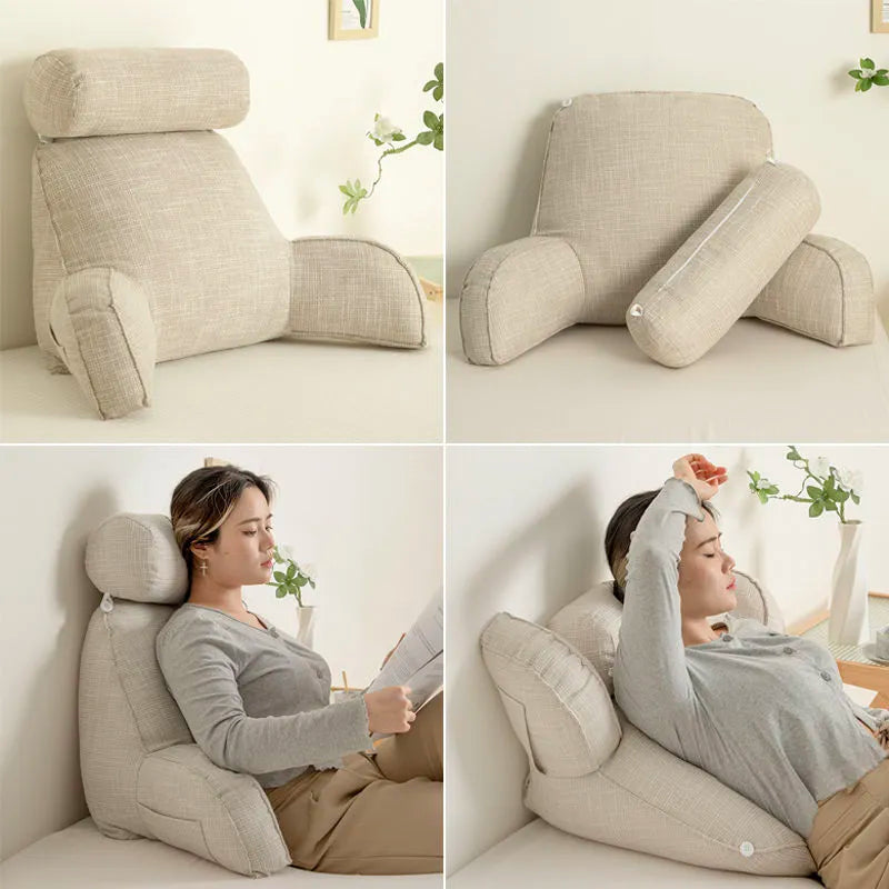 Adjustable Backrest Cushion with Movable Headrest & Side Pocket for Bed or Couch