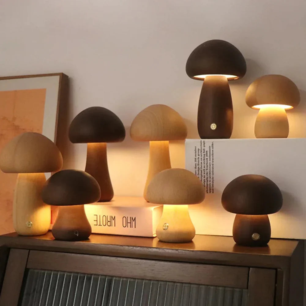 Natural Wood Toadstool Table Lamp with Adjustable Glow and USB Charging for Bedroom, Nursery, or Living Room Ambient Lighting | Thomler