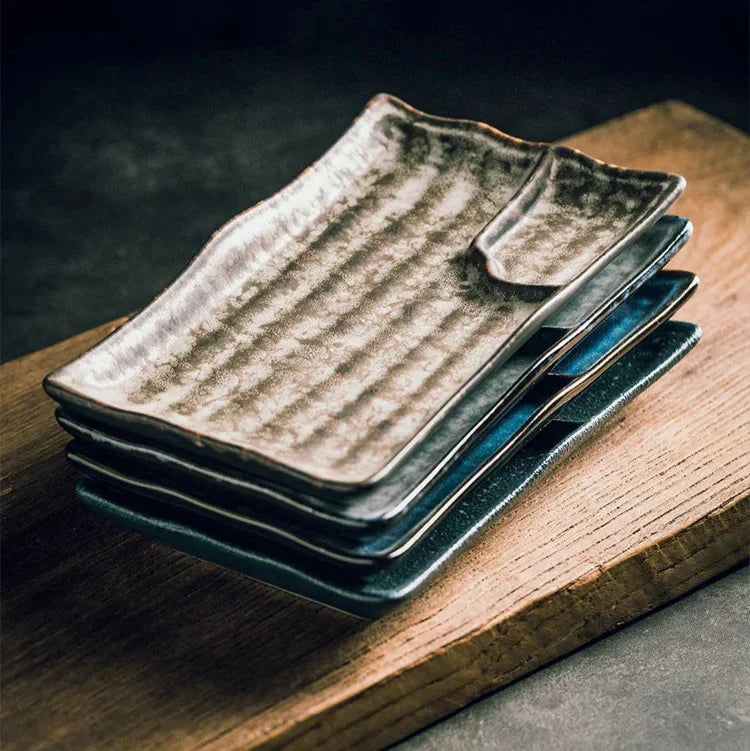 Handcrafted Rectangular Dish with Sauce Well 9×5 Inches White Glazed Dinnerware for Sushi Nigiri Sashimi Japanese Appetizers Tableware | Thomler