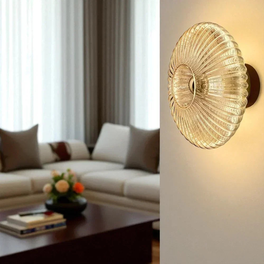 Wandleuchte aus strukturiertem Glas, warmes Licht, Akzentbeleuchtung für Innenräume, muschelförmig, für Eingangsbereich, Schlafzimmer, Flur, zeitgenössischer Boho-Art-déco-Stil | Thomler