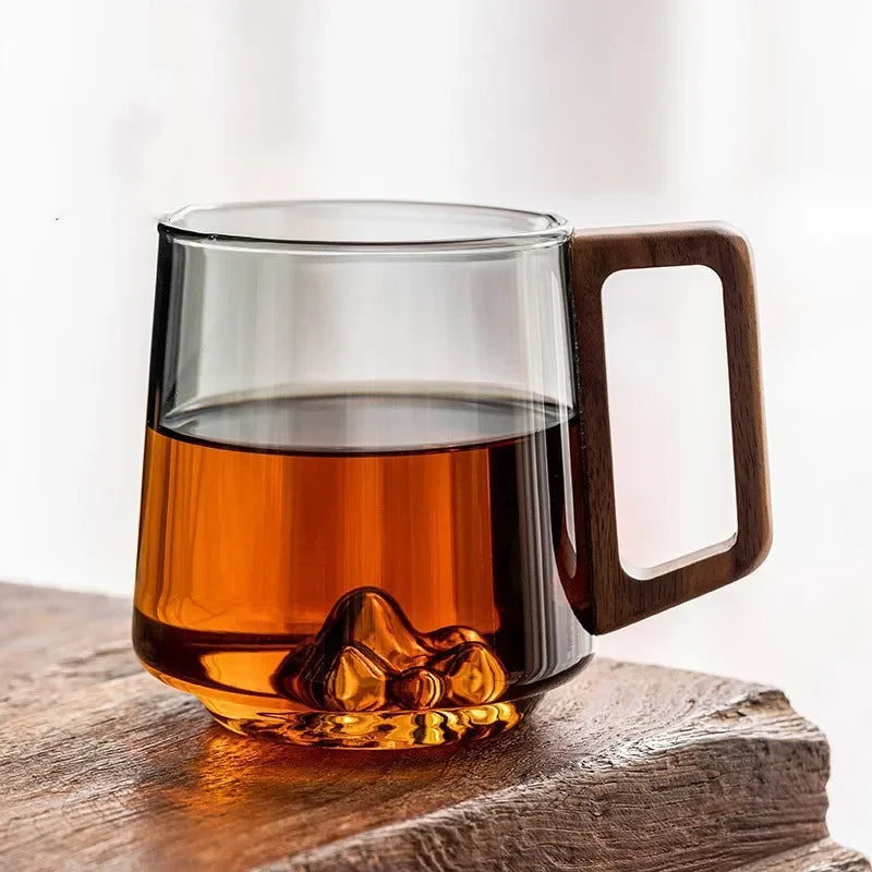 Insulated Borosilicate Glass Mug with Wood Grip 4-Inch Thermal Coffee Cup Peak Shape for Hot Beverages Kitchen Office | Thomler