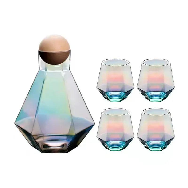 Geometrische glazen karaf en drinkglazen set voor cocktails, water en sap – 5-delige serveerset voor dranken met houten stop | Thomler