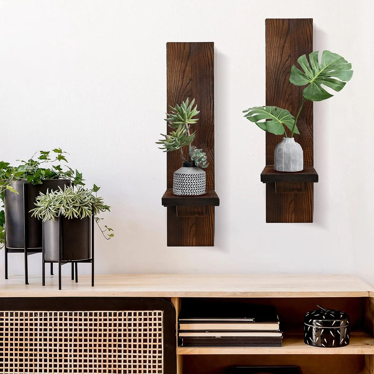 Handgefertigtes Wandleuchter-Paar aus Holz für stimmungsvolles Kerzenlicht – 38 cm vertikale Wandmontage für Wohnzimmer, Schlafzimmer, Terrassen & Eingangsbereiche | Thomler