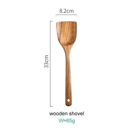 Juego de 8 utensilios de cocina de madera natural con soporte de exhibición para cocinar y servir, herramientas seguras para utensilios de cocina antiadherentes | Thomler