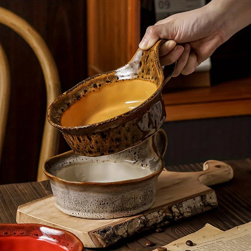 Stoneware Breakfast Bowl with Handle 6-Inch Diameter Artisan Ceramic Serving Dish for Soup Salad Oatmeal Tableware | Thomler