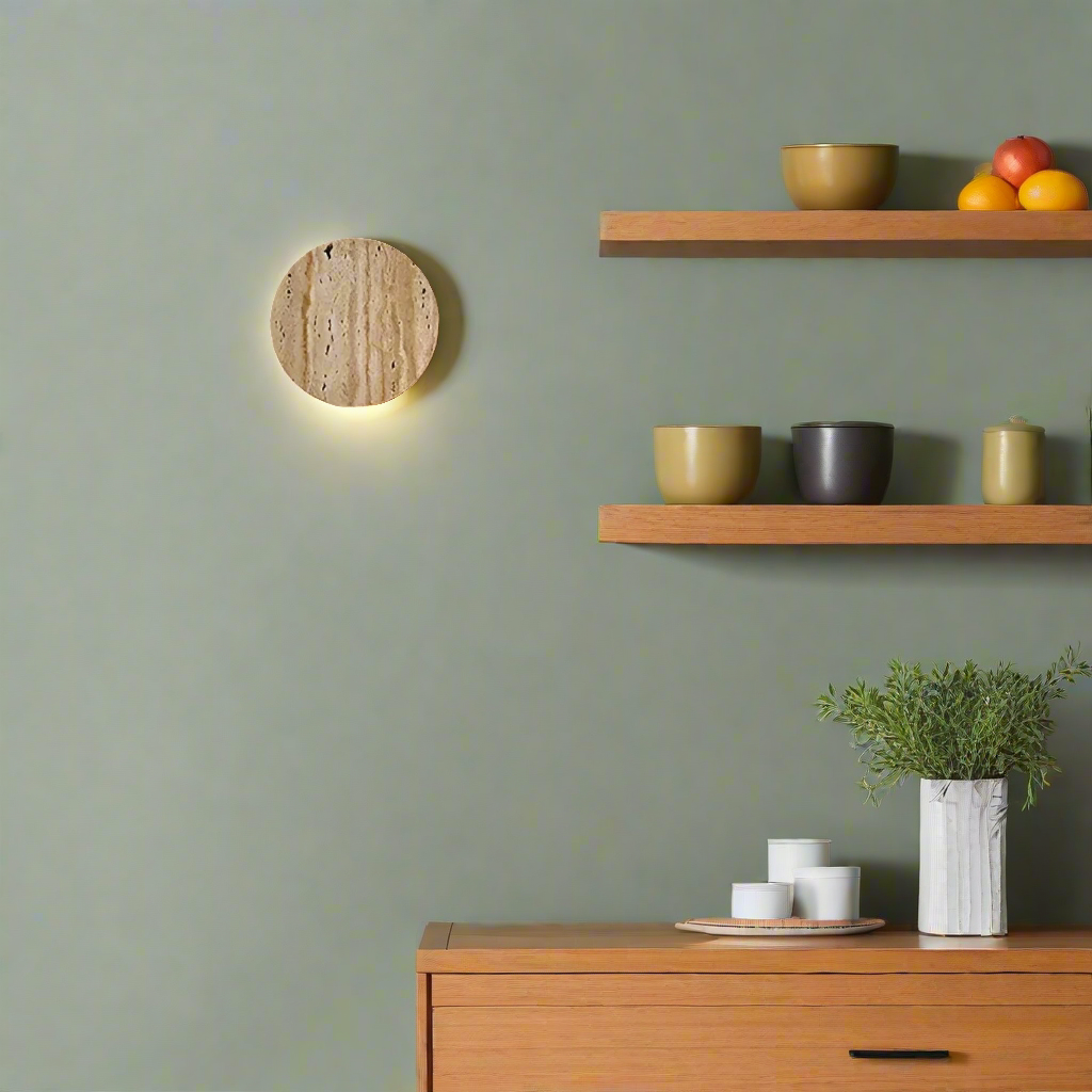 Travertine Stone Wall Sconce Round Frosted Glass Up Down Light Fixture 4 Inch Natural Stone Ambient Lighting Bedroom Hallway Entryway Bathro | Thomler