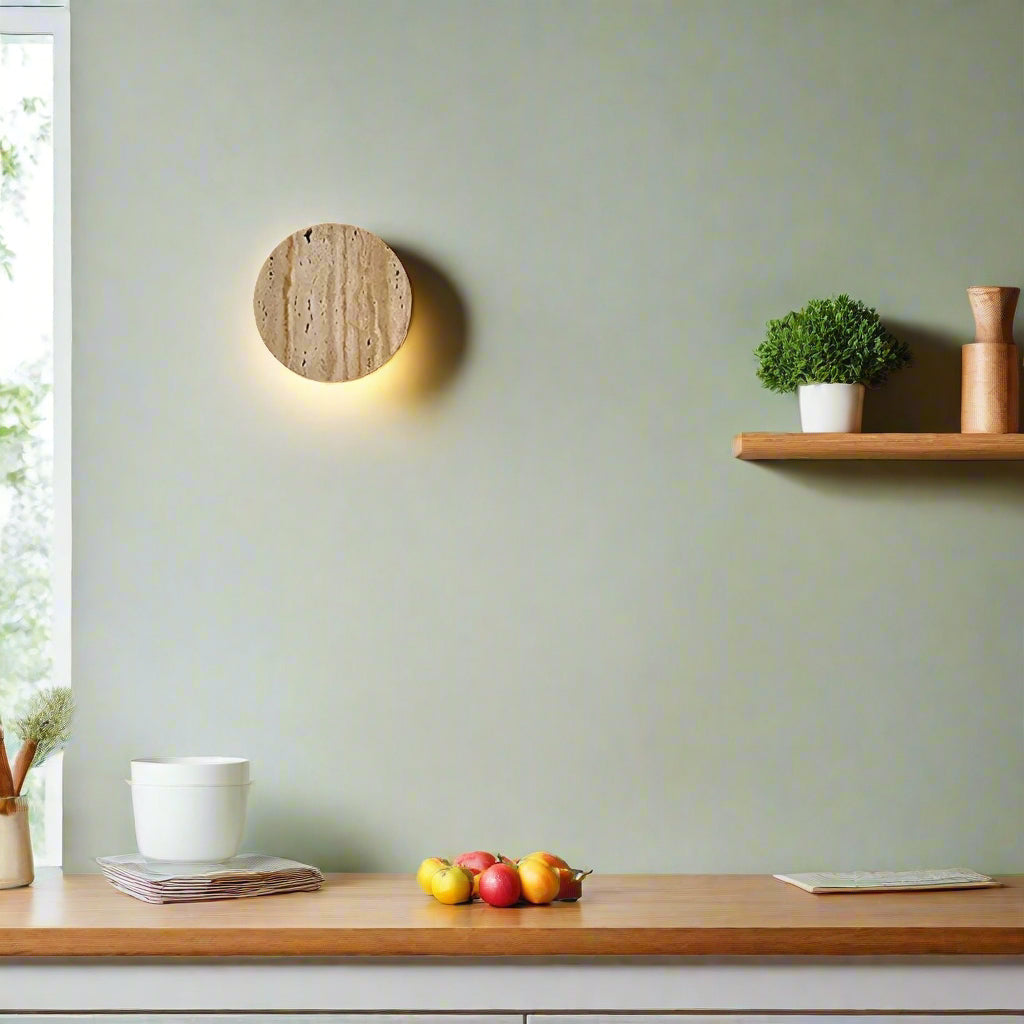 Travertine Stone Wall Sconce Round Frosted Glass Up Down Light Fixture 4 Inch Natural Stone Ambient Lighting Bedroom Hallway Entryway Bathro | Thomler