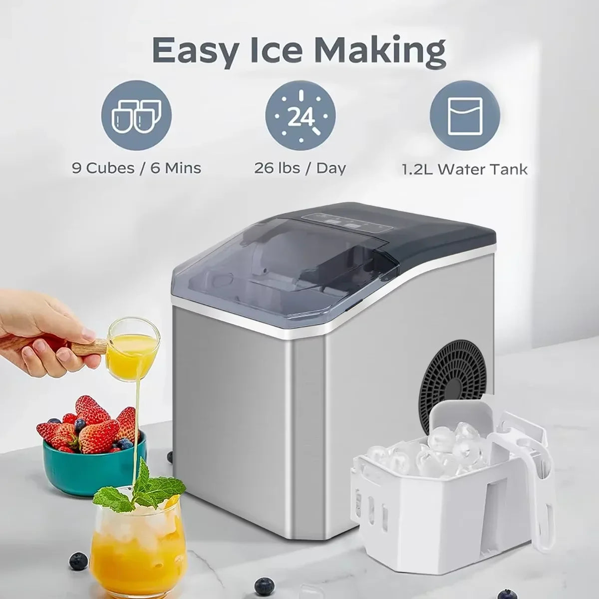 Countertop Ice Machine 33 lb Daily Output Stainless Steel Fast Cube Maker Self-Cleaning for Home Bar Kitchen Office Small Appliance Portable | Thomler