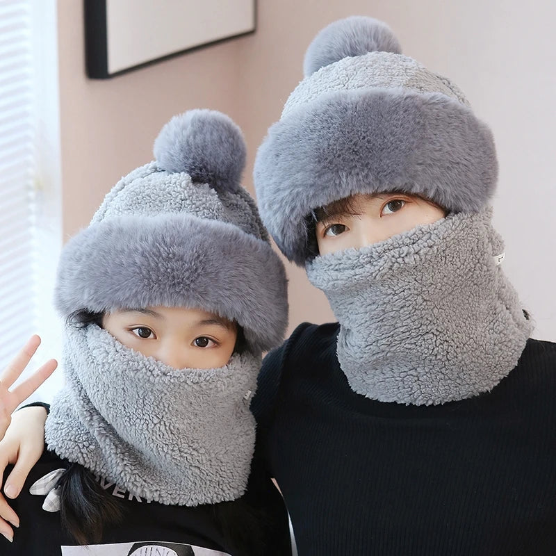 Plush Hooded Scarf Combo Winter Beanie & Neck Warmer Fleece Wrap for Women Cold Weather Outdoor Fashion