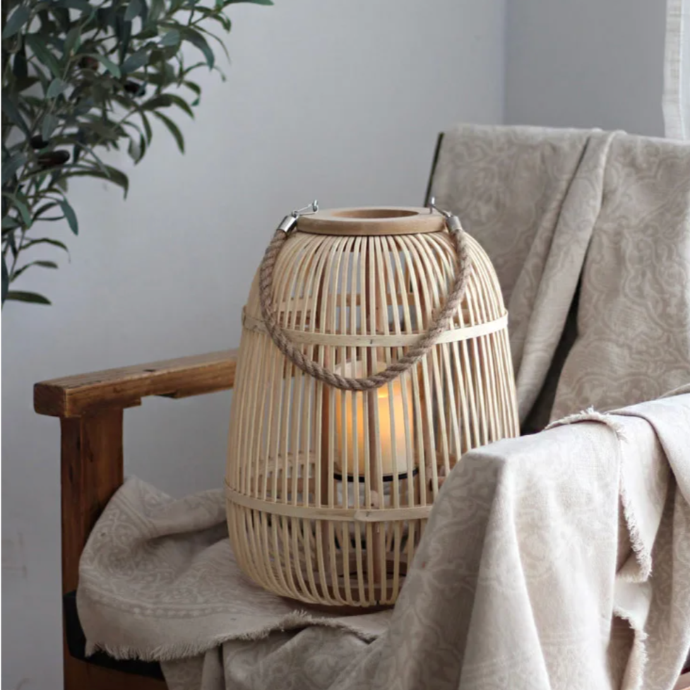 Battery-Operated Woven Lantern with LED Flameless Candle for Patio Gardens Tabletop Hanging Decor Cordless Indoor Outdoor Accent Light | Thomler