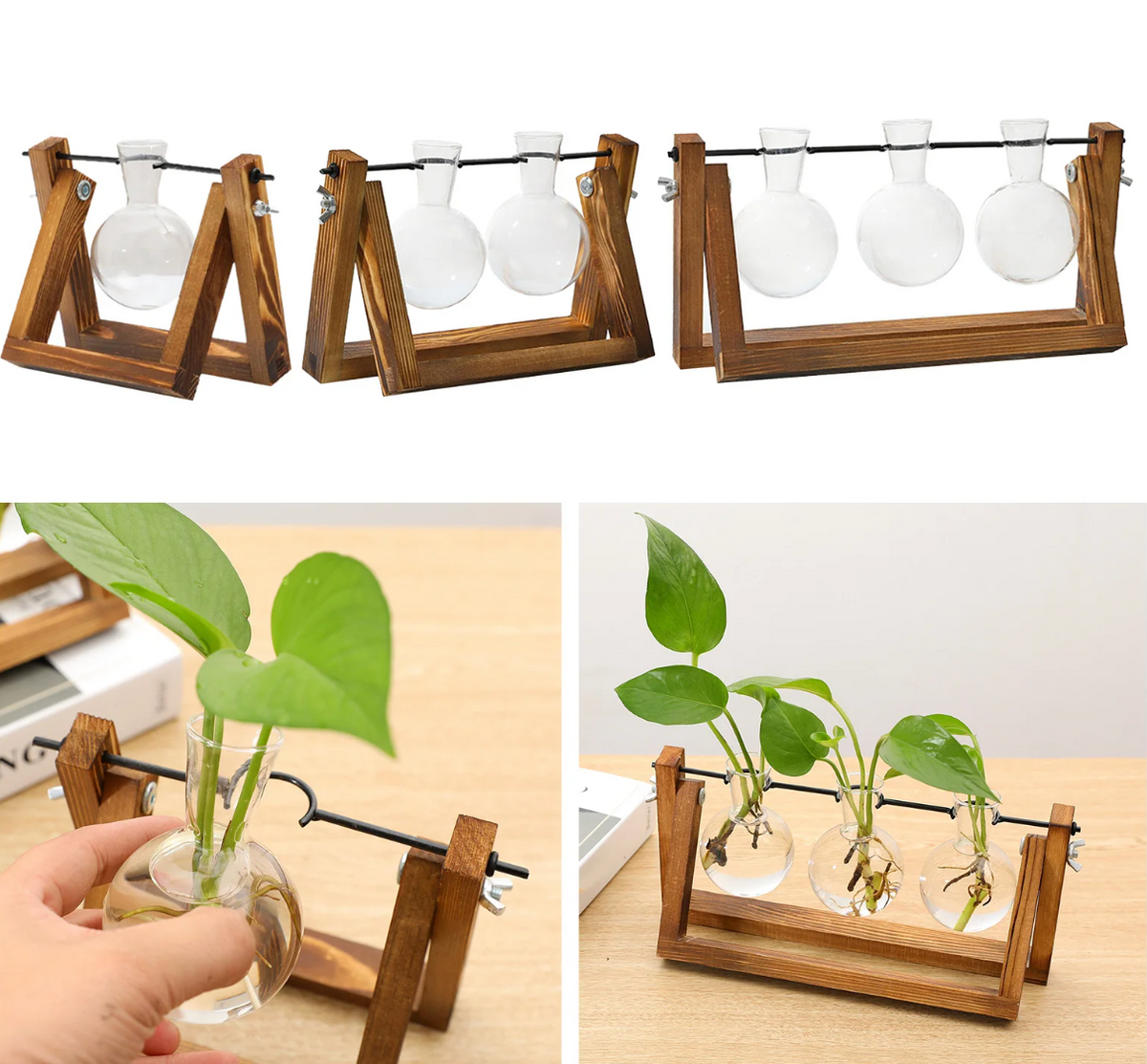 Wooden Hydroponic Vase Holder with Glass Tubes for Propagating Cuttings Tabletop Decor Station for Herbs Flowers Succulents Root Development | Thomler