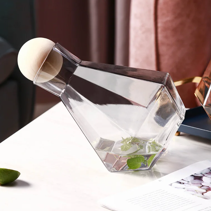 Geometrische glazen karaf en drinkglazen set voor cocktails, water en sap – 5-delige serveerset voor dranken met houten stop | Thomler