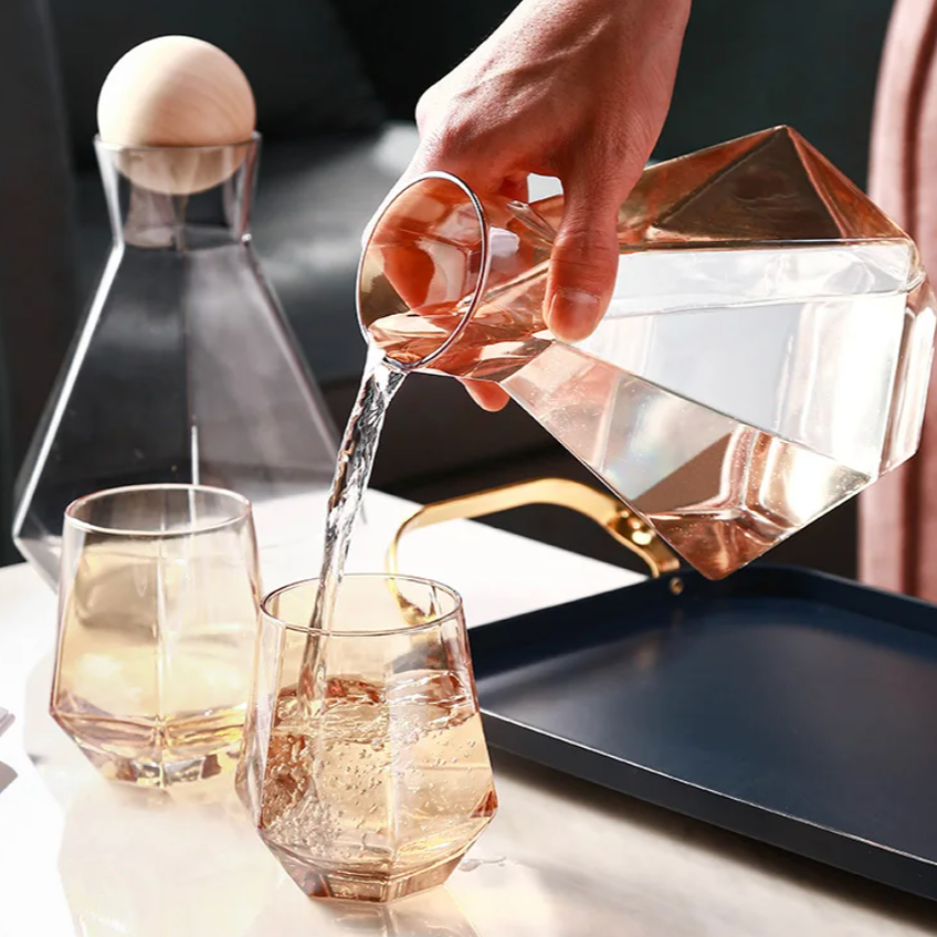 Crystal-Clear Beverage Pitcher & Tumbler Set with Geometric Faceted Design for Home Bar, Kitchen & Dining Room Entertaining | Thomler