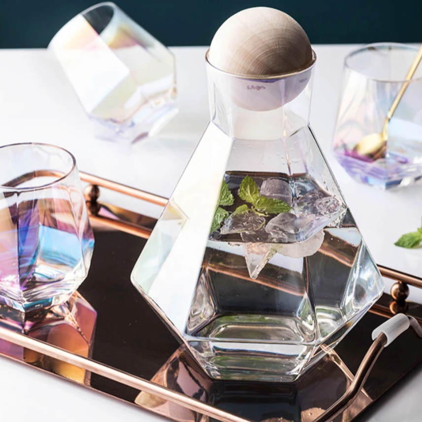 Crystal-Clear Beverage Pitcher & Tumbler Set with Geometric Faceted Design for Home Bar, Kitchen & Dining Room Entertaining | Thomler