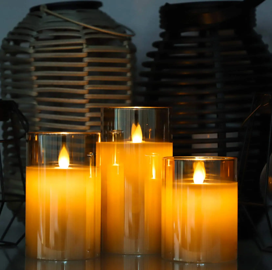 Battery-Operated LED Pillar Candles with Remote Control Timer Set of 3 Realistic Flickering Light Amber Smoke Clear Glass for Dining Room Be | Thomler