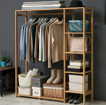Freestanding Bamboo Garment Rack with Shelves 35 in Wide Natural Wood Finish Bedroom Closet Storage Organizer for Clothes Shoes Accessories | Thomler