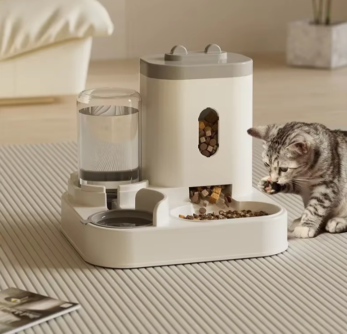Dubbele voerbak voor huisdieren Grijs Blauw Roze Geel 78 oz voer 34 oz water zwaartekrachtdispenser voor katten kleine honden keuken bijkeuken woonkamer | Thomler