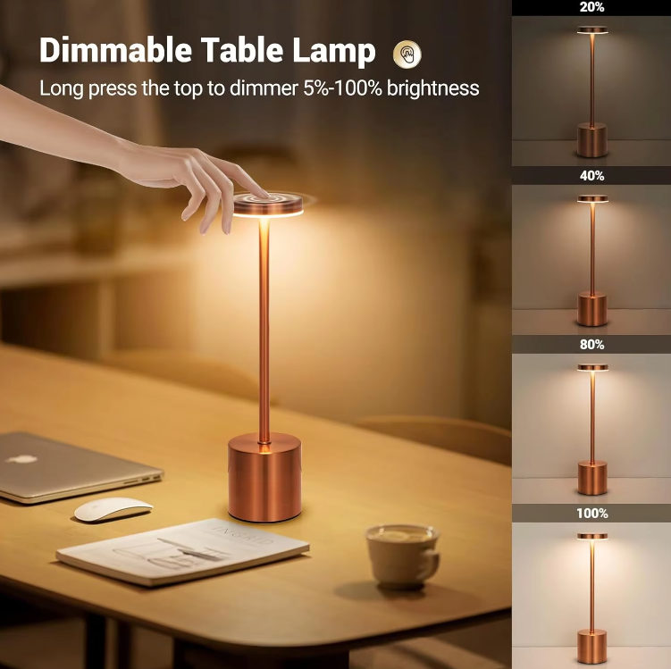 Cordless LED Bedside Light Aluminum 13.4 in USB Rechargeable Touch Dimmable Nightstand Lamp for Bedroom Restaurant Desk 3 Brightness Levels | Thomler