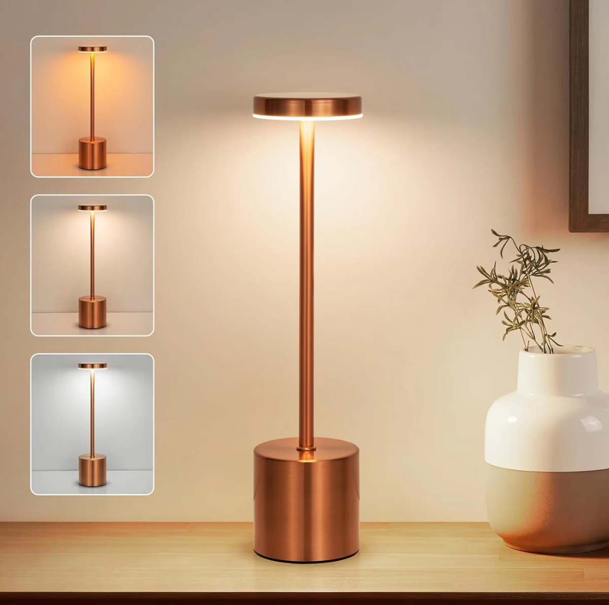 Cordless LED Bedside Light Aluminum 13.4 in USB Rechargeable Touch Dimmable Nightstand Lamp for Bedroom Restaurant Desk 3 Brightness Levels | Thomler
