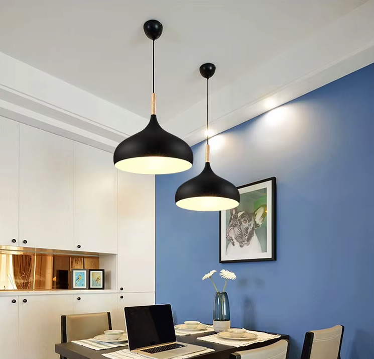 E27 Dome Pendant Fixture with Wood Trim – Adjustable Height Hanging Light for Kitchen Island, Dining Table, Bedroom – Minimalist Nordic-Insp | Thomler